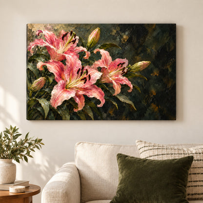 Pink Lilies on Dark Ground — Black Frame wall scene | AUSJOJO