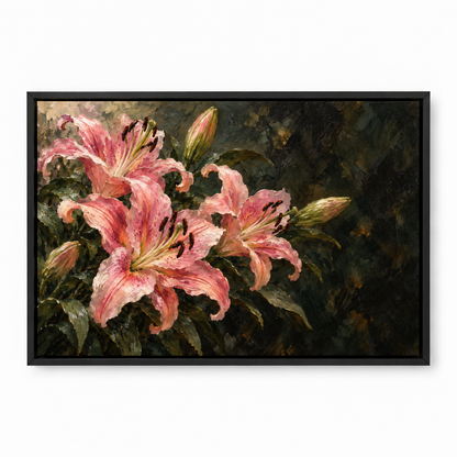 Pink Lilies on Dark Ground — Black Frame finish product view | AUSJOJO