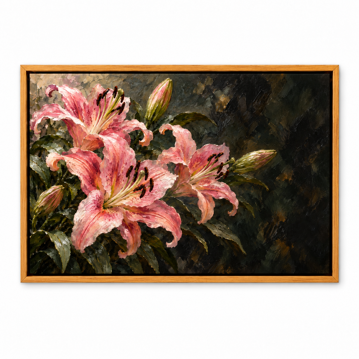 Pink Lilies on Dark Ground — Brown Frame finish product view | AUSJOJO