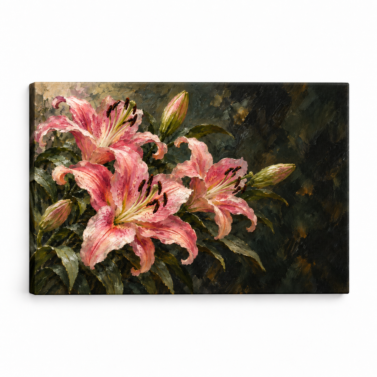 Pink Lilies on Dark Ground — Stretched Canvas product view | AUSJOJO