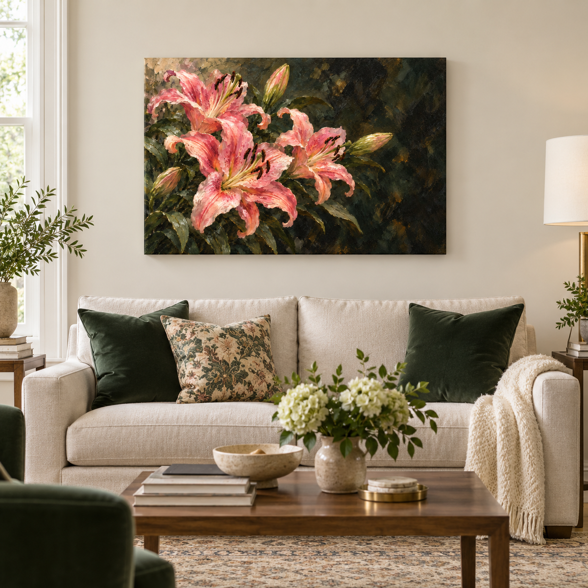Pink Lilies on Dark Ground — Black Frame room scene | AUSJOJO