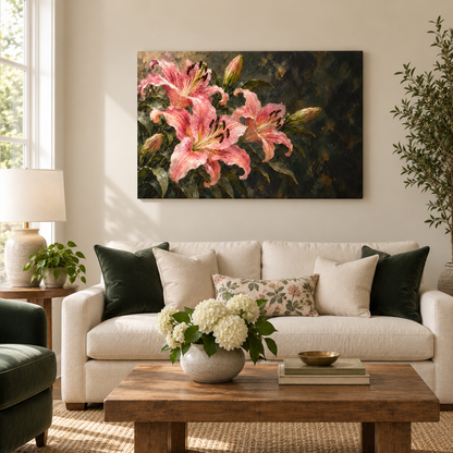 Pink Lilies on Dark Ground — Brown Frame room scene | AUSJOJO