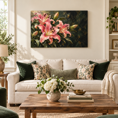 Pink Lilies on Dark Ground — Stretched Canvas room scene | AUSJOJO