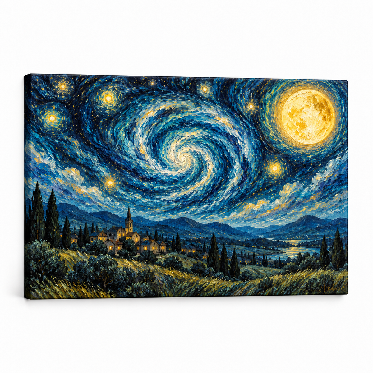 Starry Village Spiral Sky — Stretched Canvas product view | AUSJOJO