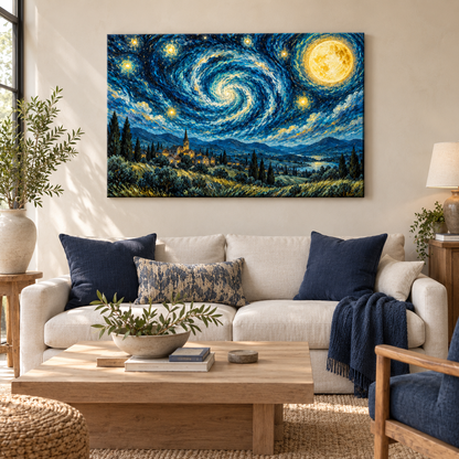 Starry Village Spiral Sky — Black Frame room scene | AUSJOJO
