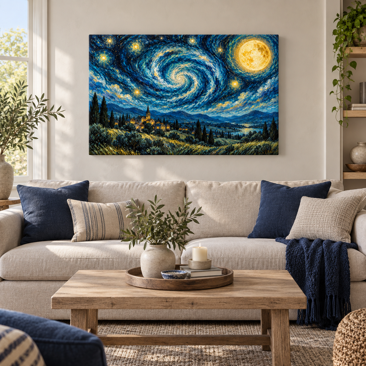 Starry Village Spiral Sky — Stretched Canvas room scene | AUSJOJO