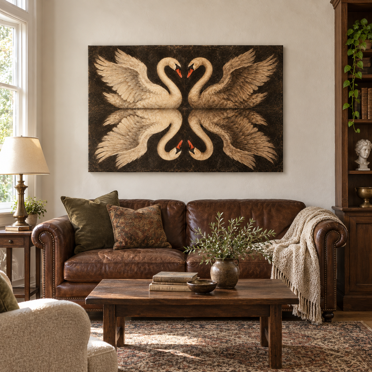 Mirrored Four Swans — Brown Frame room scene | AUSJOJO