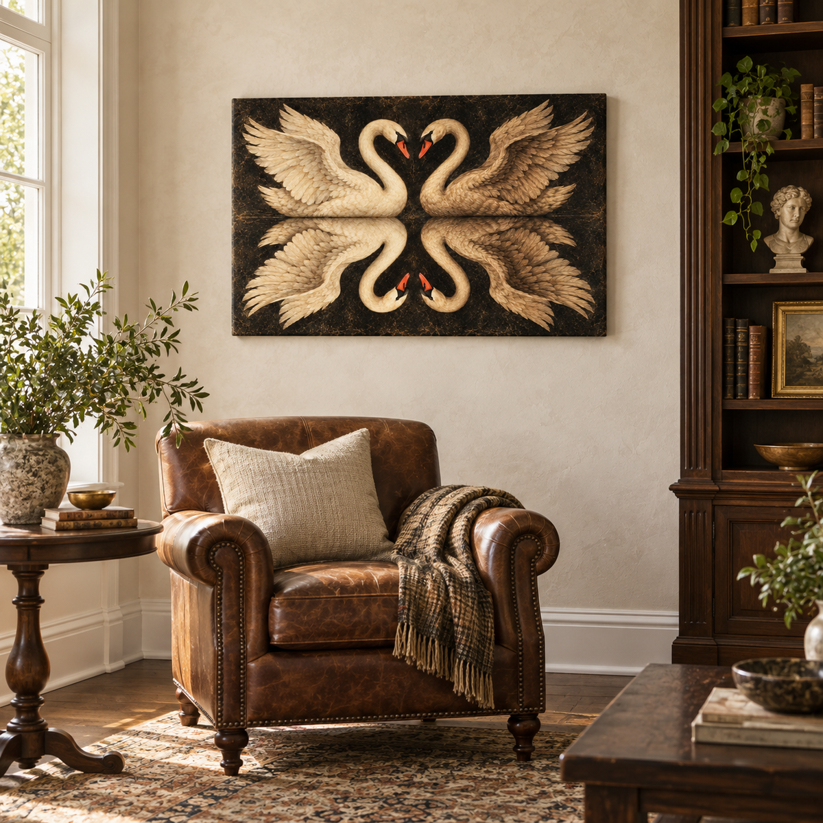 Mirrored Four Swans — Stretched Canvas room scene | AUSJOJO