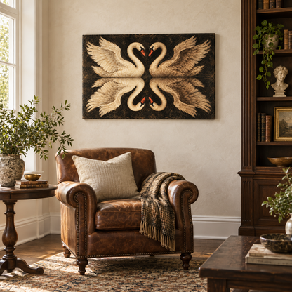 Mirrored Four Swans — Stretched Canvas room scene | AUSJOJO