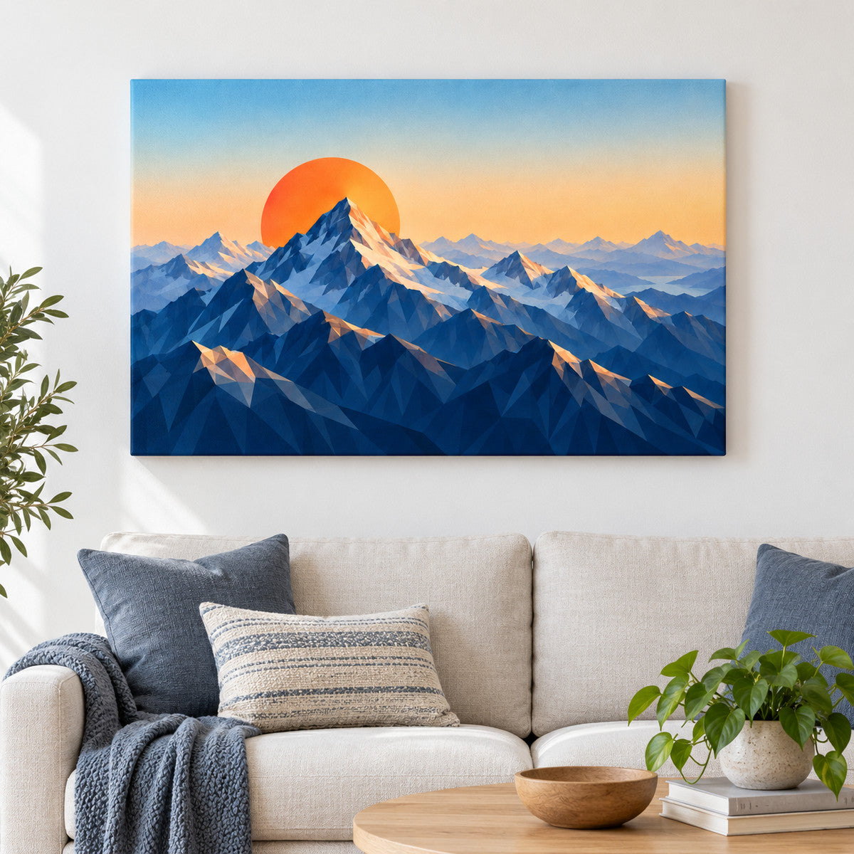 Faceted Mountains and Orange Sun — Black Frame wall scene | AUSJOJO