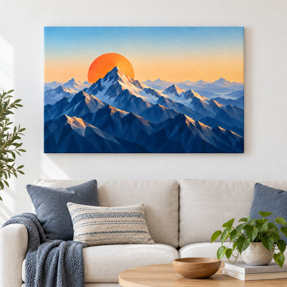 Faceted Mountains and Orange Sun — Black Frame wall scene | AUSJOJO