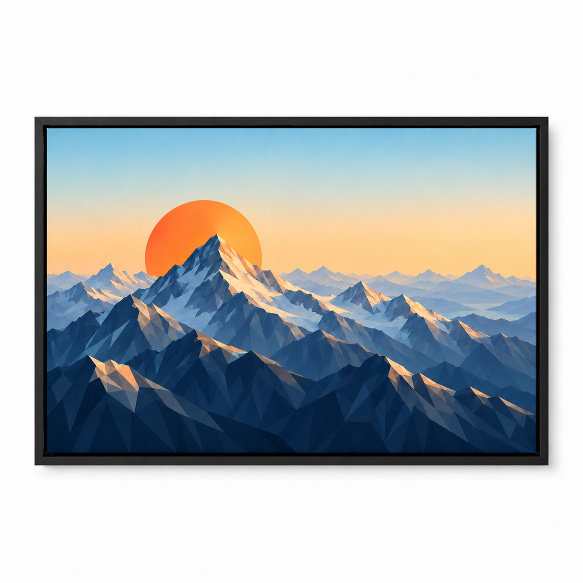Faceted Mountains and Orange Sun — Black Frame finish product view | AUSJOJO