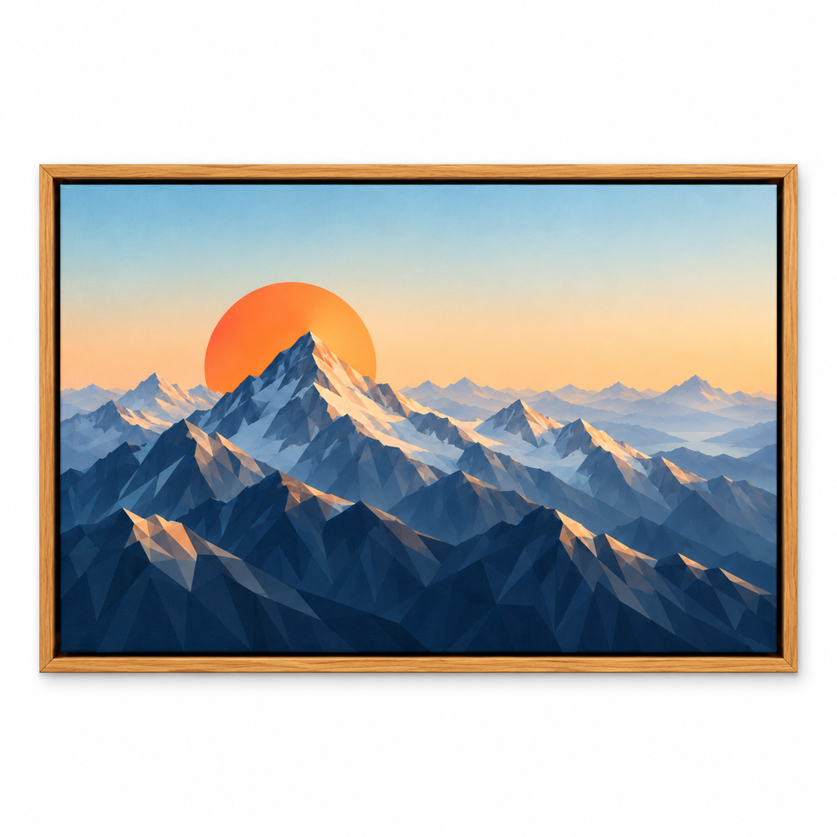 Faceted Mountains and Orange Sun — Brown Frame finish product view | AUSJOJO