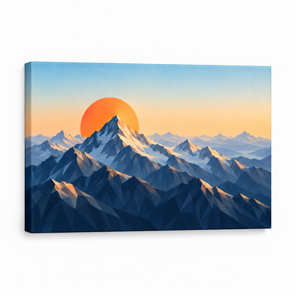 Faceted Mountains and Orange Sun — Stretched Canvas product view | AUSJOJO