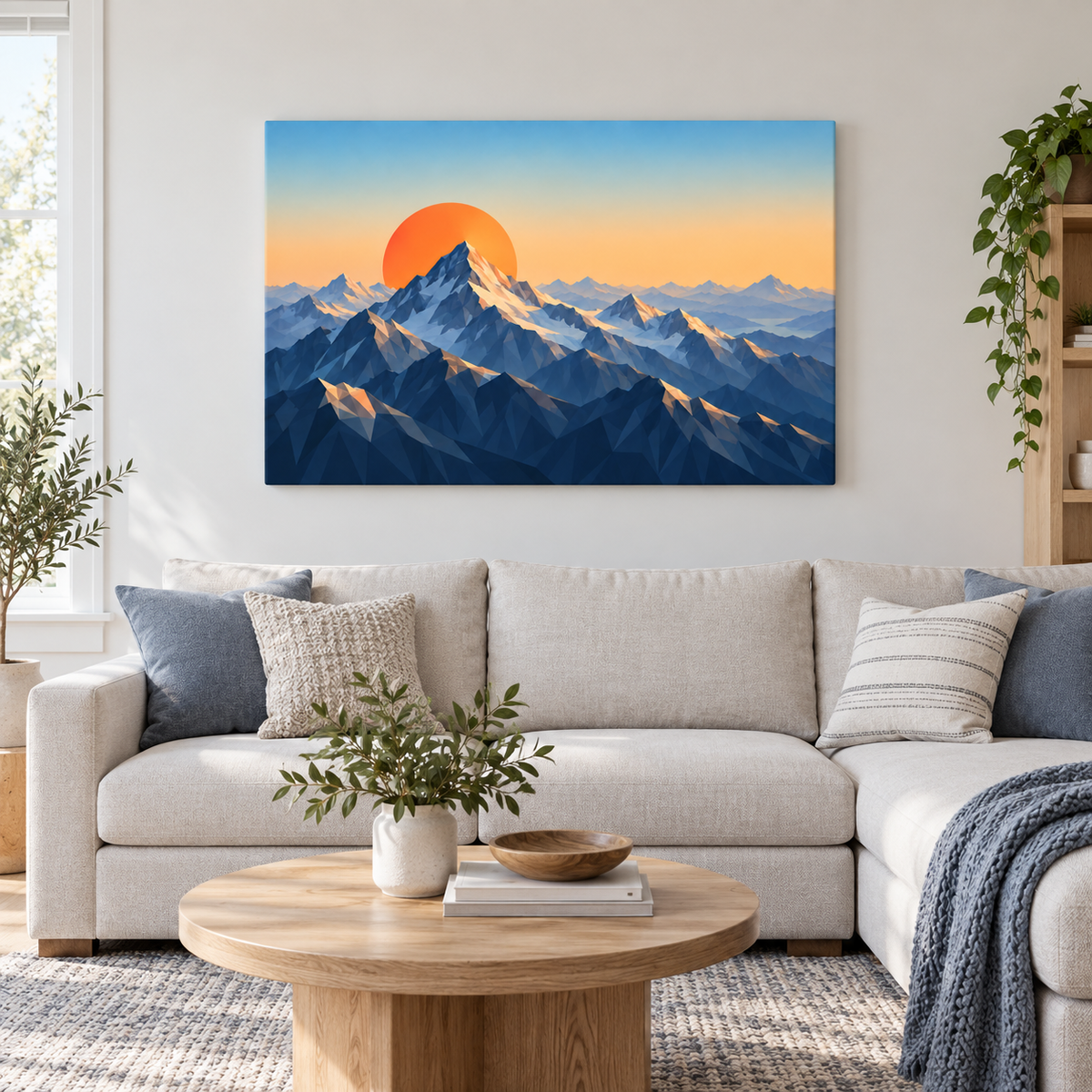 Faceted Mountains and Orange Sun — Black Frame room scene | AUSJOJO