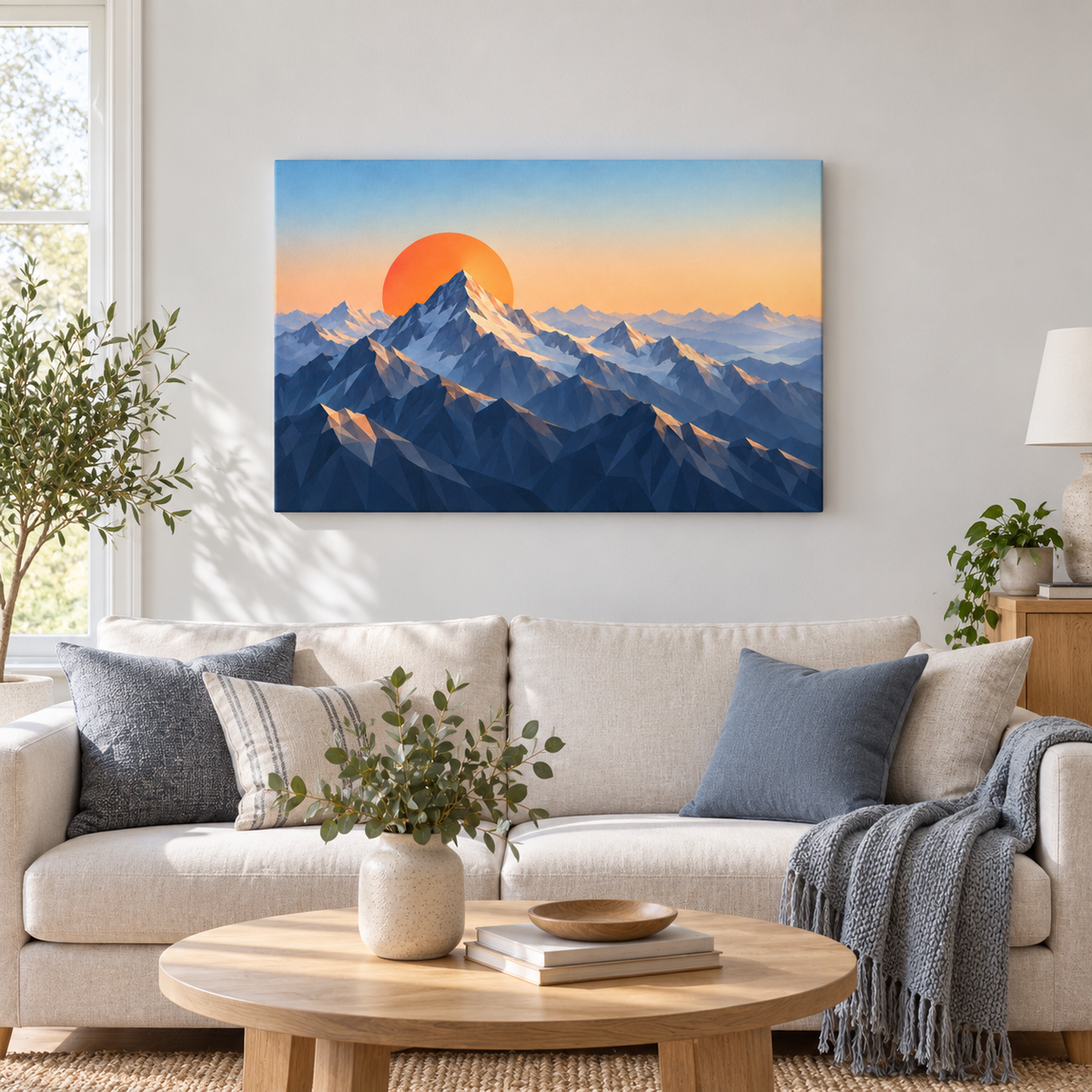 Faceted Mountains and Orange Sun — Brown Frame room scene | AUSJOJO