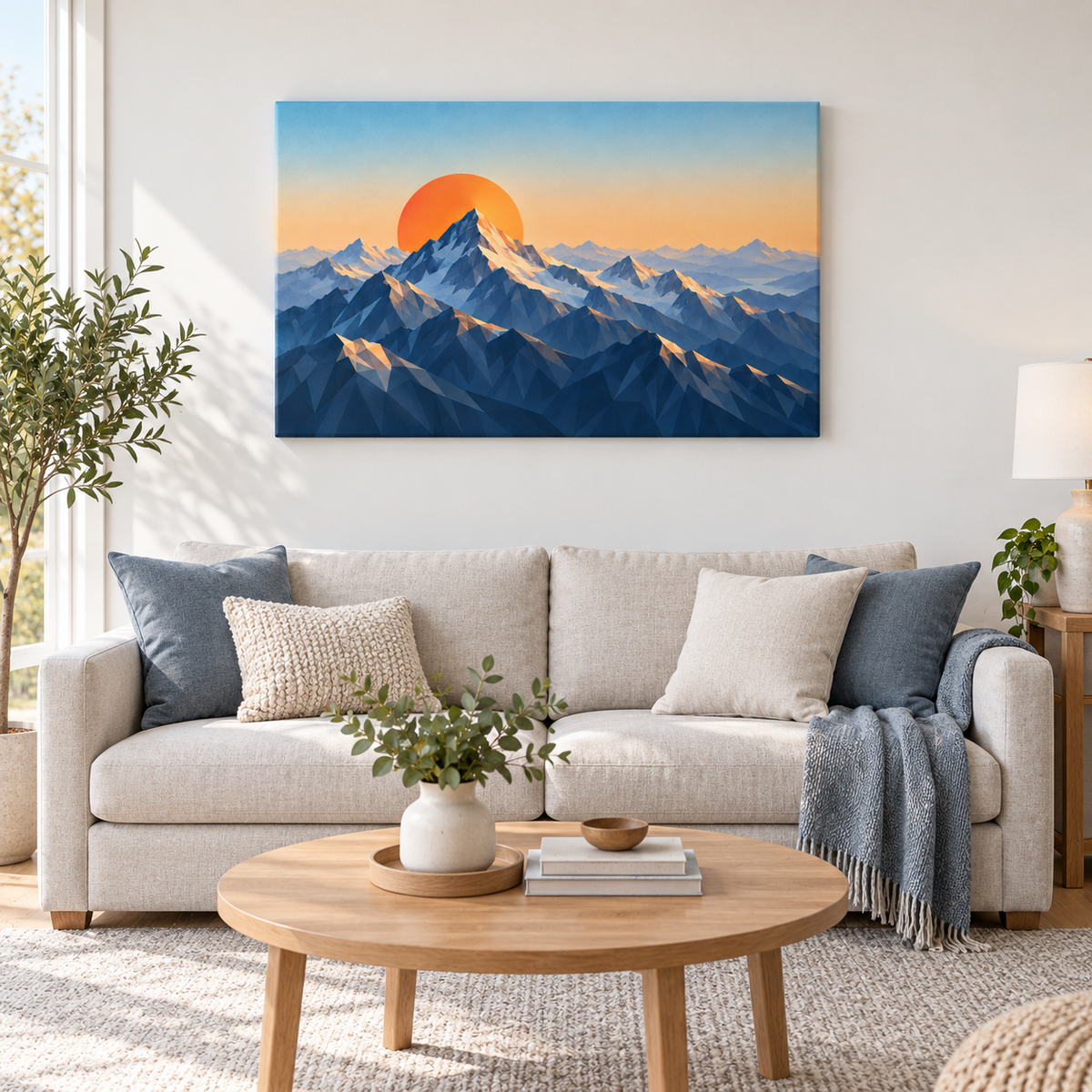 Faceted Mountains and Orange Sun — Stretched Canvas room scene | AUSJOJO