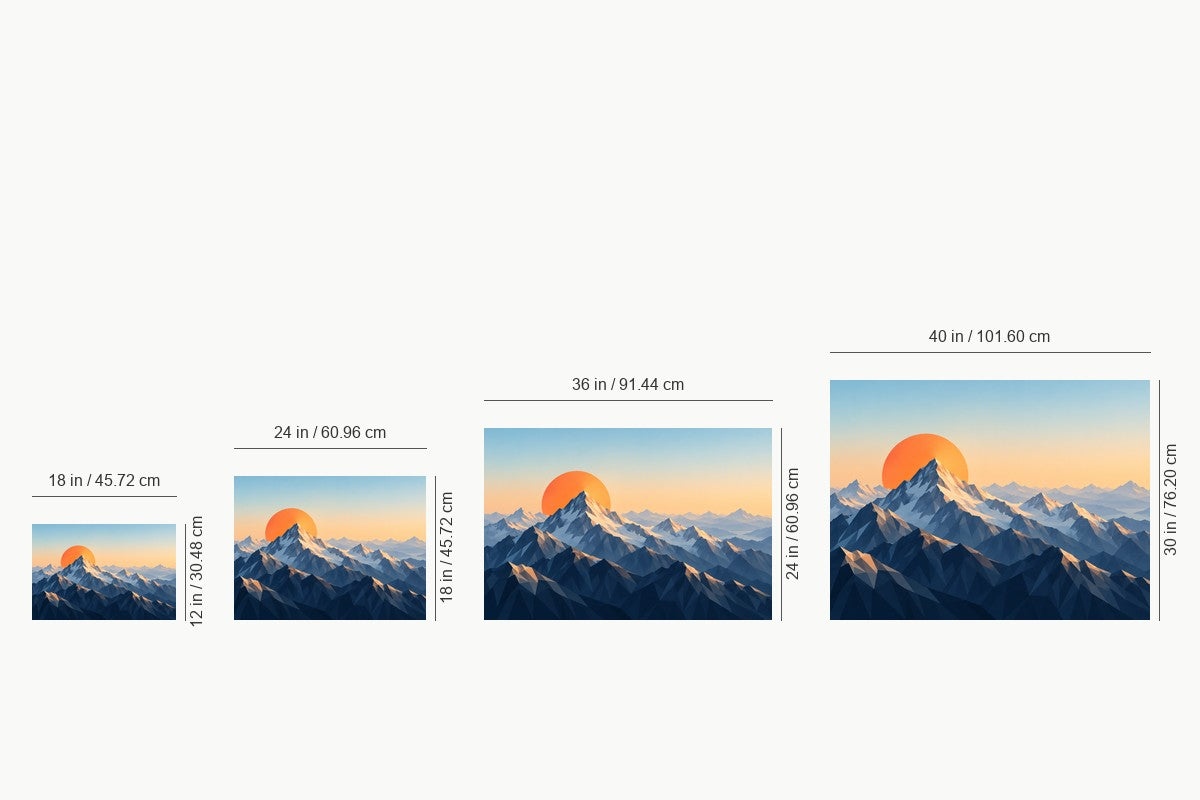 Faceted Mountains and Orange Sun — size comparison guide | AUSJOJO