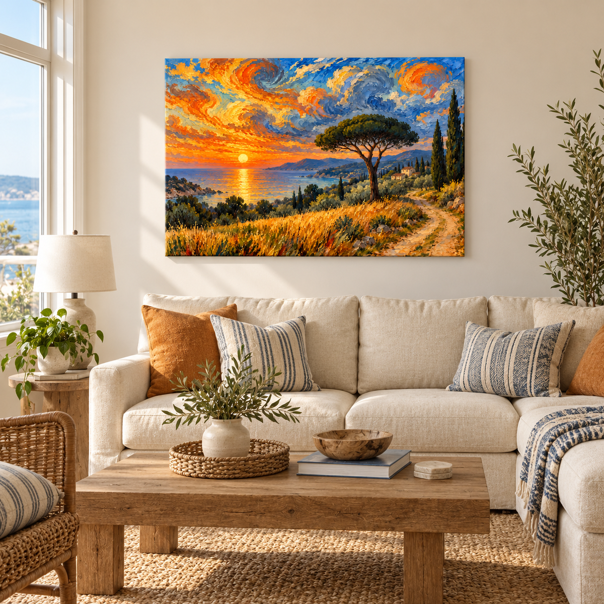 Coastal Sunset Spiral Sky — Black Frame room scene | AUSJOJO
