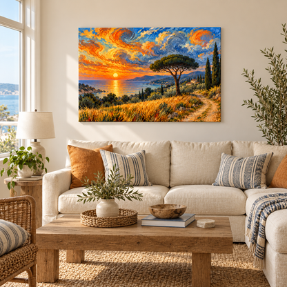 Coastal Sunset Spiral Sky — Black Frame room scene | AUSJOJO