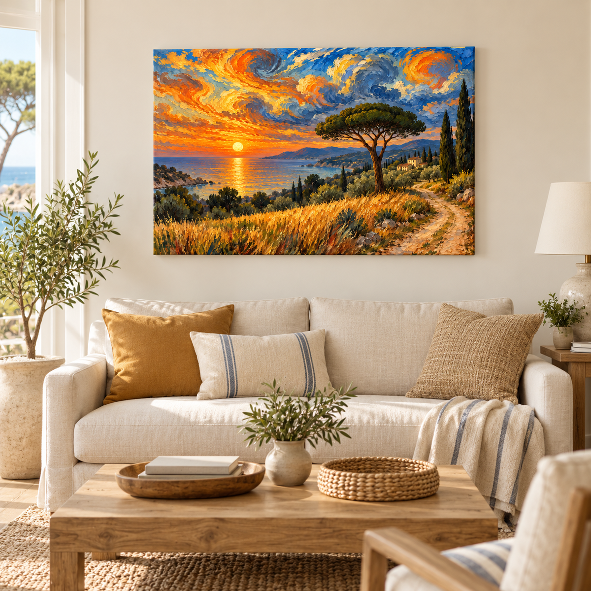 Coastal Sunset Spiral Sky — Brown Frame room scene | AUSJOJO