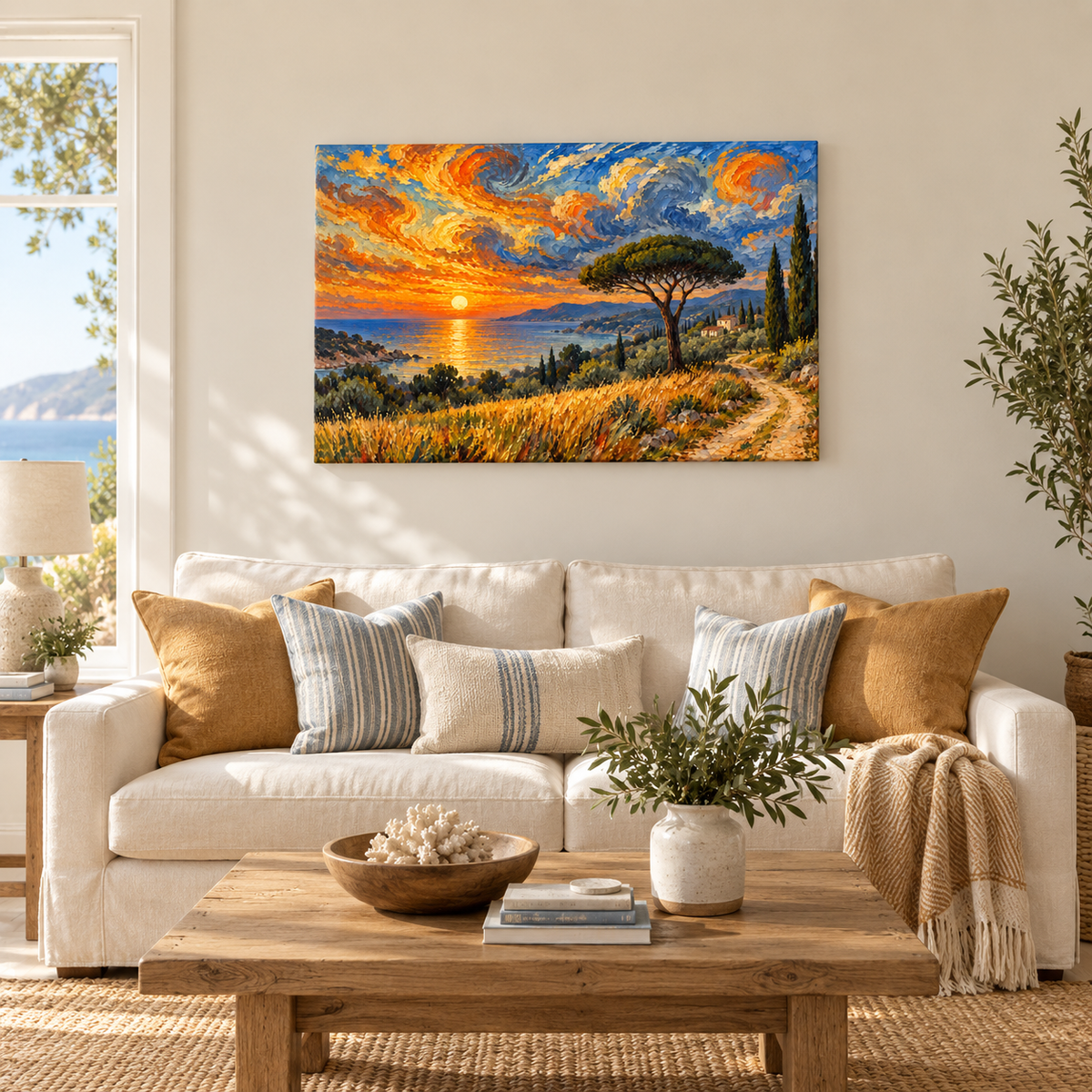 Coastal Sunset Spiral Sky — Stretched Canvas room scene | AUSJOJO