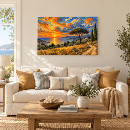 Coastal Sunset Spiral Sky — Stretched Canvas room scene | AUSJOJO