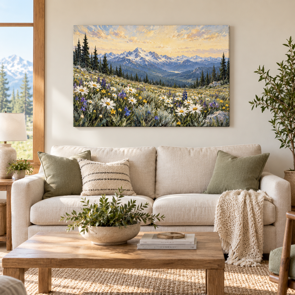Alpine White Wildflower Meadow — Brown Frame room scene | AUSJOJO