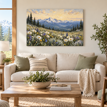 Alpine White Wildflower Meadow — Brown Frame room scene | AUSJOJO