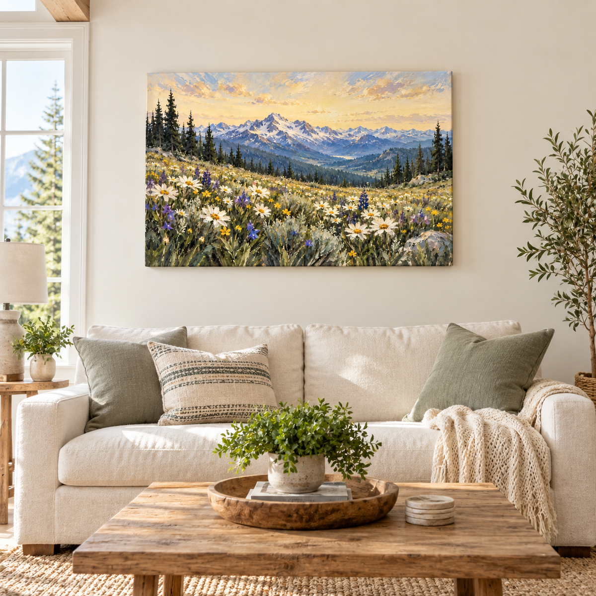 Alpine White Wildflower Meadow — Stretched Canvas room scene | AUSJOJO