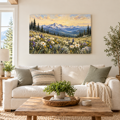 Alpine White Wildflower Meadow — Stretched Canvas room scene | AUSJOJO