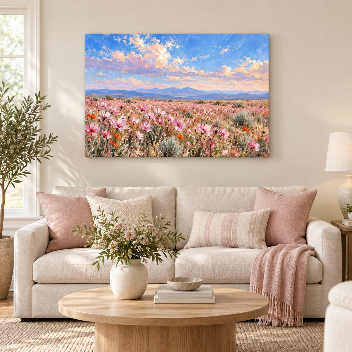 Pink Wildflower Meadow — Brown Frame room scene | AUSJOJO