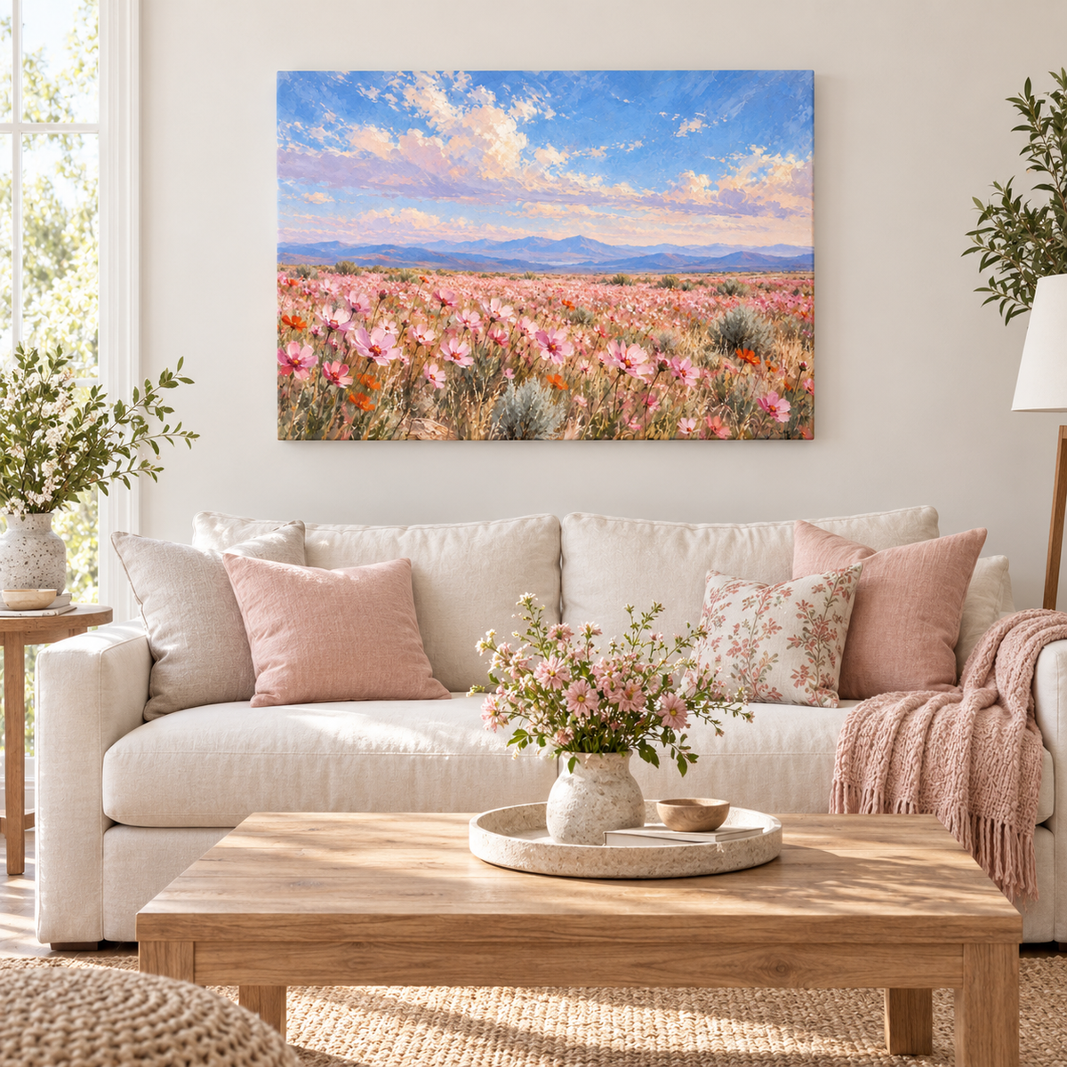 Pink Wildflower Meadow — Stretched Canvas room scene | AUSJOJO