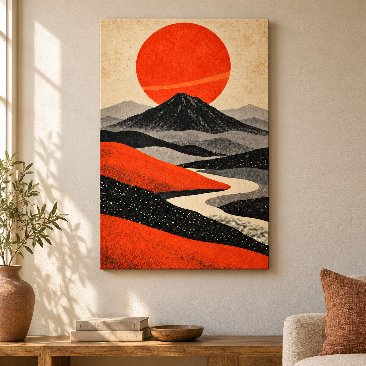 Retro Volcano and Orange Sun — Black Frame wall scene | AUSJOJO