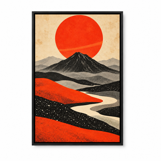 Retro Volcano and Orange Sun — Black Frame finish product view | AUSJOJO