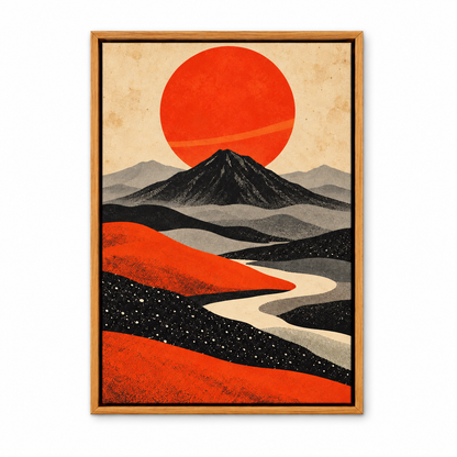 Retro Volcano and Orange Sun — Brown Frame finish product view | AUSJOJO