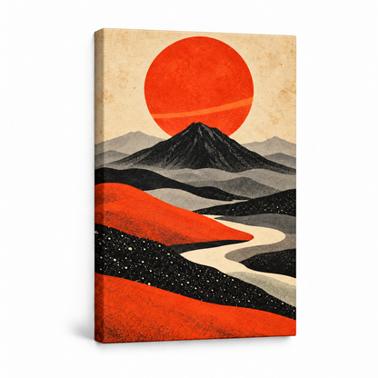 Retro Volcano and Orange Sun — Stretched Canvas product view | AUSJOJO