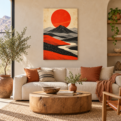 Retro Volcano and Orange Sun — Black Frame room scene | AUSJOJO