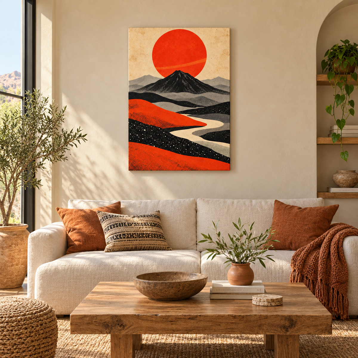 Retro Volcano and Orange Sun — Brown Frame room scene | AUSJOJO