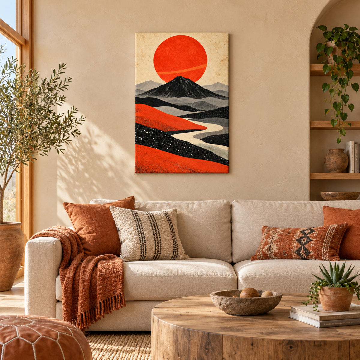 Retro Volcano and Orange Sun — Stretched Canvas room scene | AUSJOJO