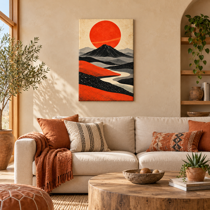 Retro Volcano and Orange Sun — Stretched Canvas room scene | AUSJOJO