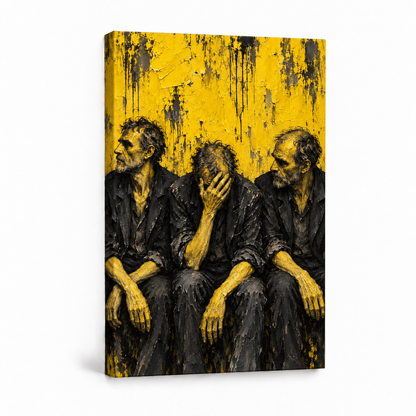 Three Men in Yellow Expressionist — Stretched Canvas product view | AUSJOJO