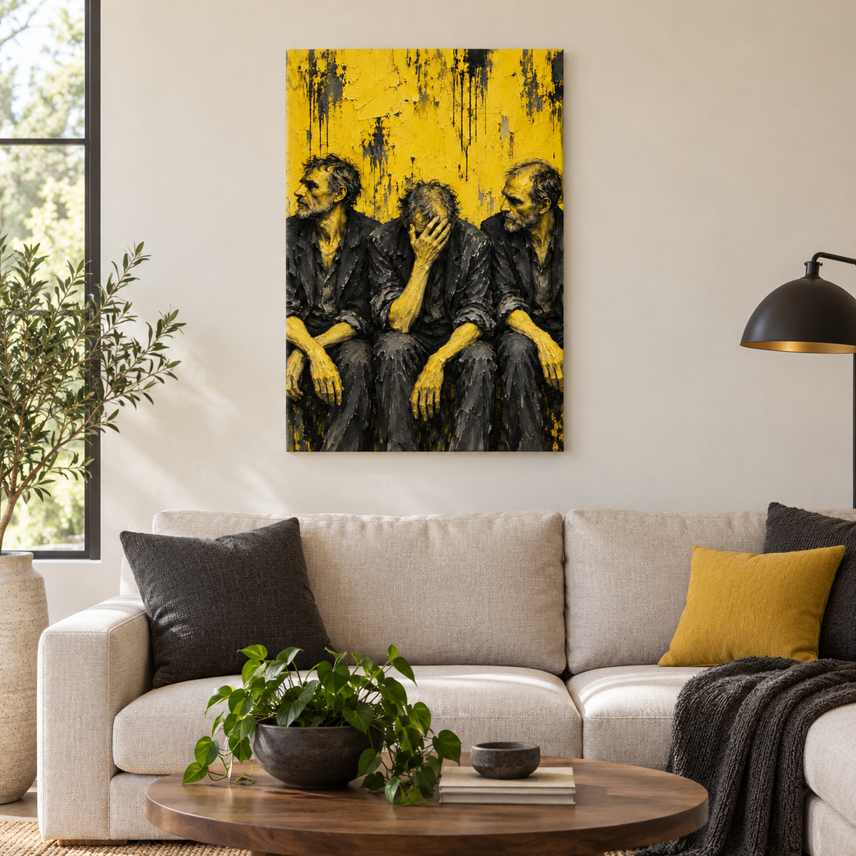 Three Men in Yellow Expressionist — Black Frame room scene | AUSJOJO
