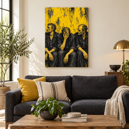Three Men in Yellow Expressionist — Brown Frame room scene | AUSJOJO