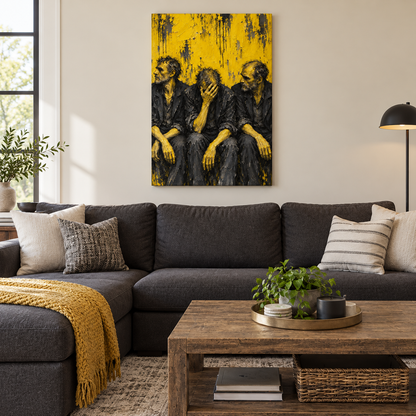 Three Men in Yellow Expressionist — Stretched Canvas room scene | AUSJOJO