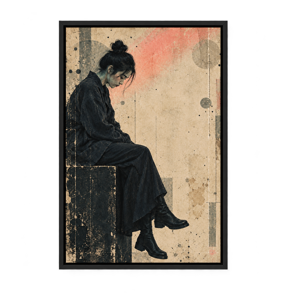 Seated Woman Vintage Collage — Black Frame finish product view | AUSJOJO