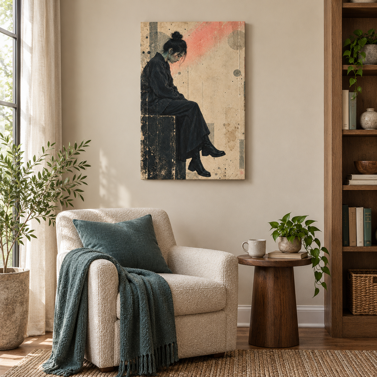 Seated Woman Vintage Collage — Black Frame room scene | AUSJOJO