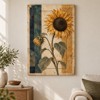 Vintage Sunflower Geometric Collage — Black Frame wall scene | AUSJOJO