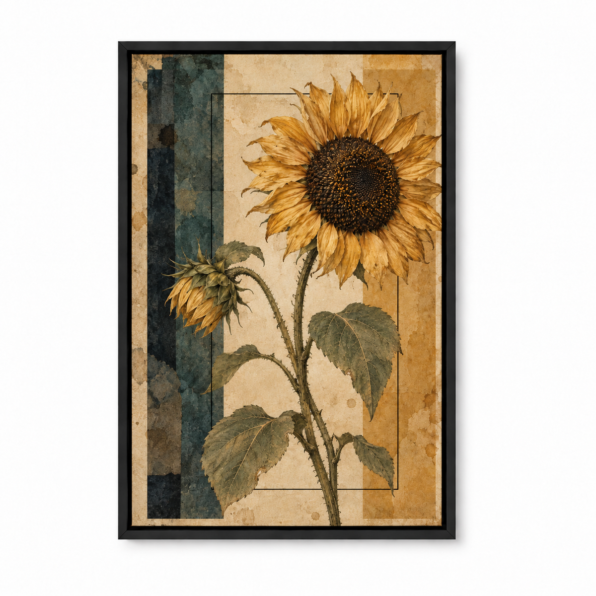 Vintage Sunflower Geometric Collage — Black Frame finish product view | AUSJOJO