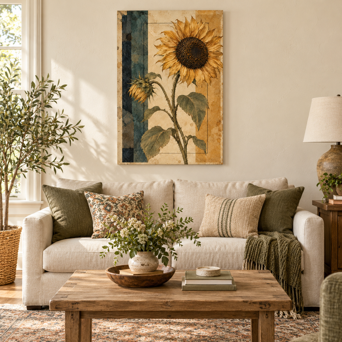 Vintage Sunflower Geometric Collage — Black Frame room scene | AUSJOJO